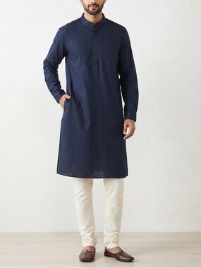 Fabindia Men Navy Blue Cotton Kurta NWT Size L Comfort Fit Long Shirt❤️